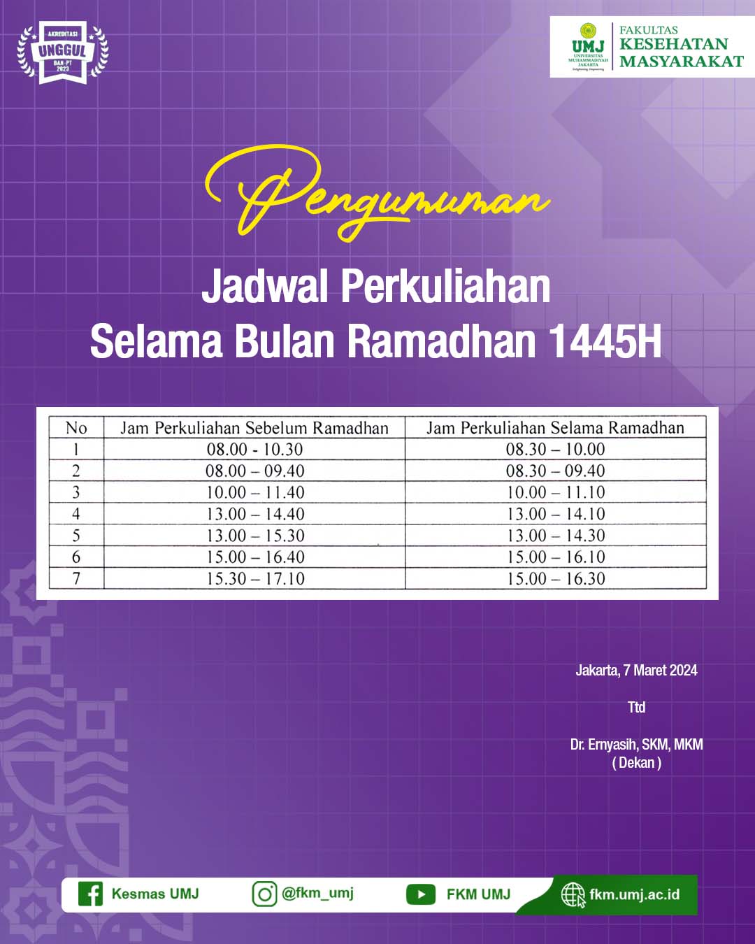Informasi Jadwal Perkuliahan Selama Bulan Ramadhan 1445 Hijriah